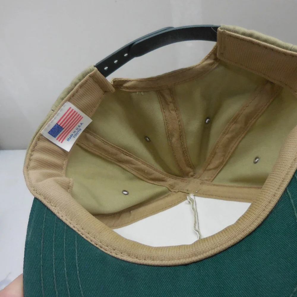 Vintage Cabelas Hat Youth Tan Green Snapback Made in USA Sidney Nebraska Logo